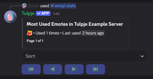Screenshot listing emotes in the Tulpje Example Server, only 1 emote is shown