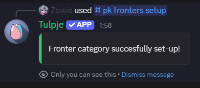 An image showing the bot's response it says "Fronter category succesfully set-up!"