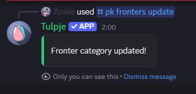 An image showing the bot's response after running /pk fronters update, it says "Fronter category updated!"