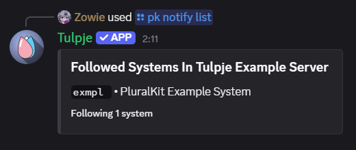 An image showing the result of the command, it's a list containing one system "exmpl - PluralKit Example System"