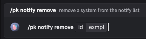 An image showing the command to use to remove a system, it says "/pk notify remove id:exmpl"