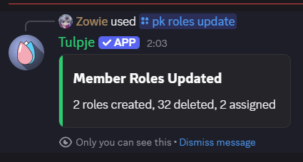 An image of a summary of role changes, it says "2 roles created, 32 deleted, 2 assigned"