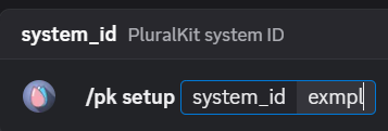 Screenshot showing how to use the pk setup command with the exmpl PluralKit system