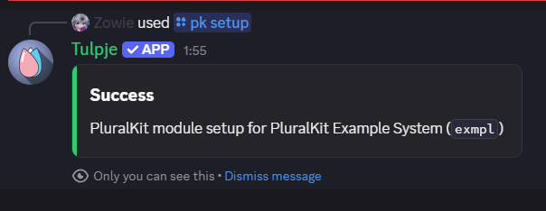 Screenshot showing the result of the pk setup command with the exmpl PluralKit system